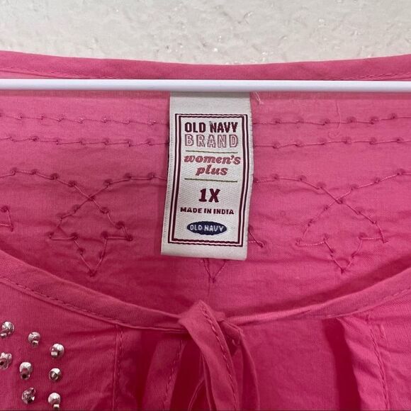 Old Navy Pink Long Sleeve Cotton Mini Sequins Scoop Tie Neck Tunic Top NWT 1X - Picture 3 of 13